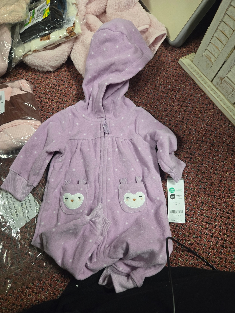 Purple Hooded Baby Fleece Onsie with Owl Pockets